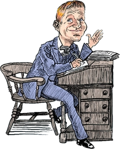 Steve Nallon in cartoon at desk